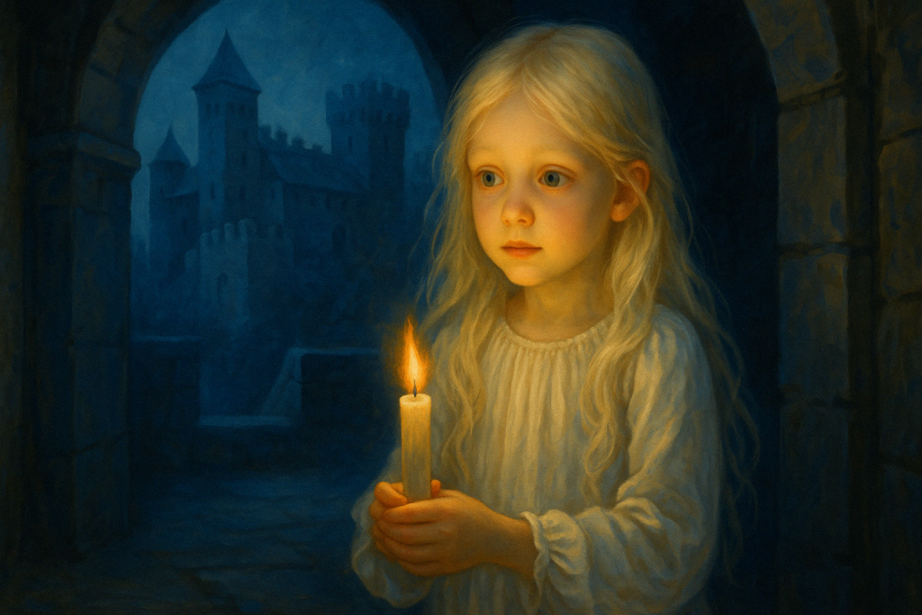 Blonde-haired child with a lit candle in the Montebello Castle – depiction of the legend of Azzurrina, the ghost of Romagna.