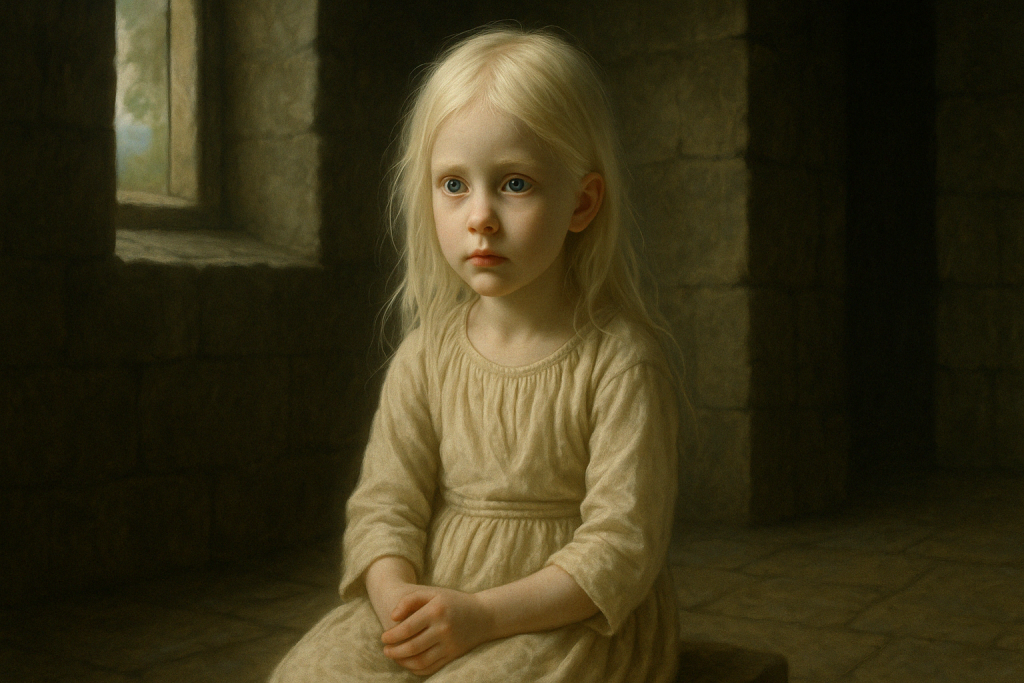 Blonde-haired child with a lit candle in the Montebello Castle – depiction of the legend of Azzurrina, the ghost of Romagna.