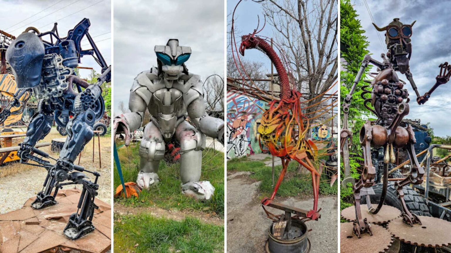 Le creature post-apocalittiche di Mutonia: opere in rottami metal­lici nate dall’estro della Mutoid Waste Company a Santarcangelo di Romagna.