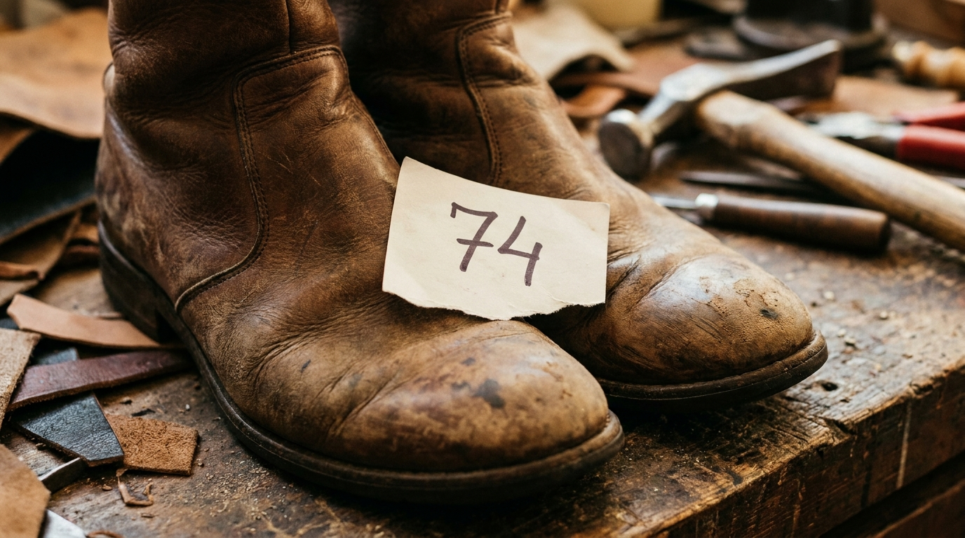 Bigliettino numerato su una scarpa in attesa di riparazione nella bottega del calzolaio sul Corso d'Augusto a Rimini