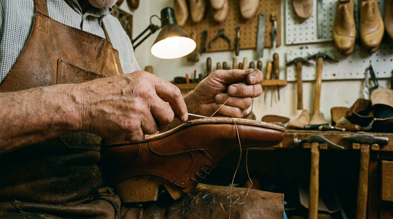 Mani di un artigiano calzolaio che lavora una scarpa in cuoio nella sua bottega a Rimini