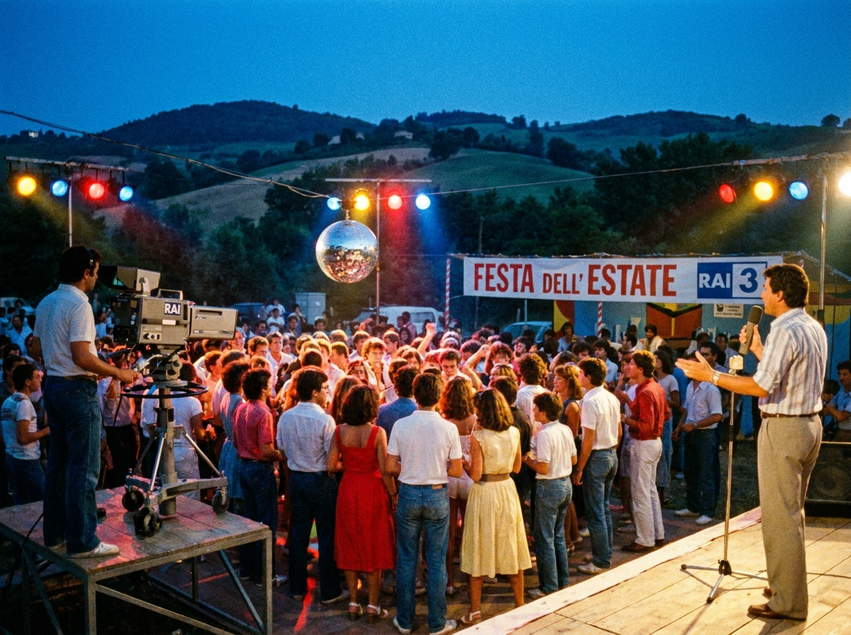 Palco discoteca italiana anni 80 con telecamere RAI e folla che balla sotto le luci colorate nelle colline romagnole