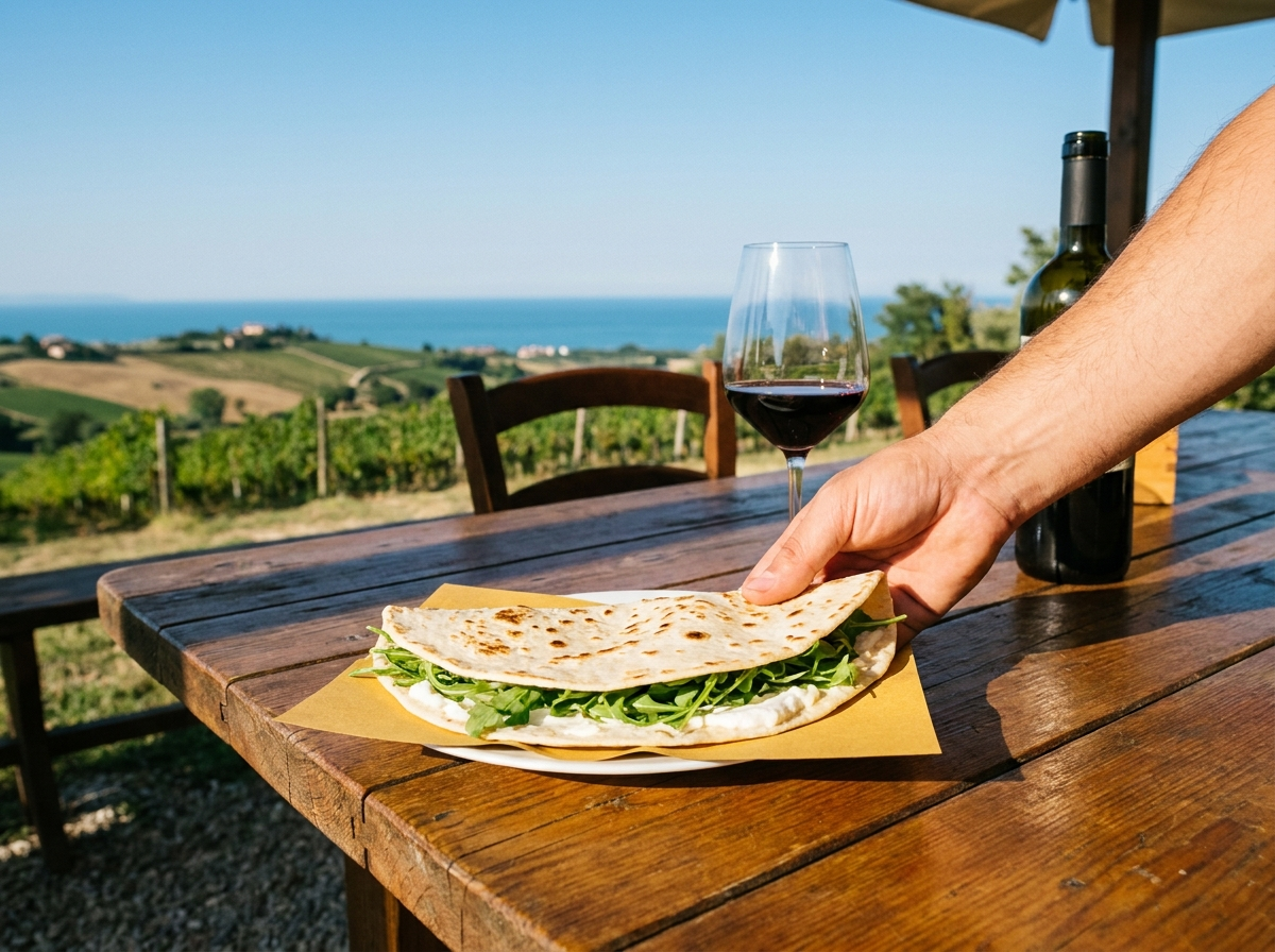 Piadina romagnola con squacquerone e rucola, tipica delle colline di Covignano a Rimini