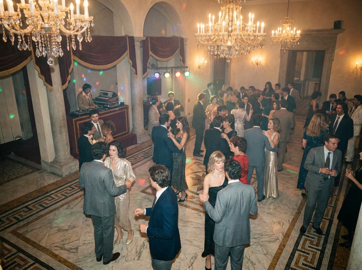 Interno di una villa italiana degli anni 80 trasformata in discoteca elegante con lampadari e luci colorate