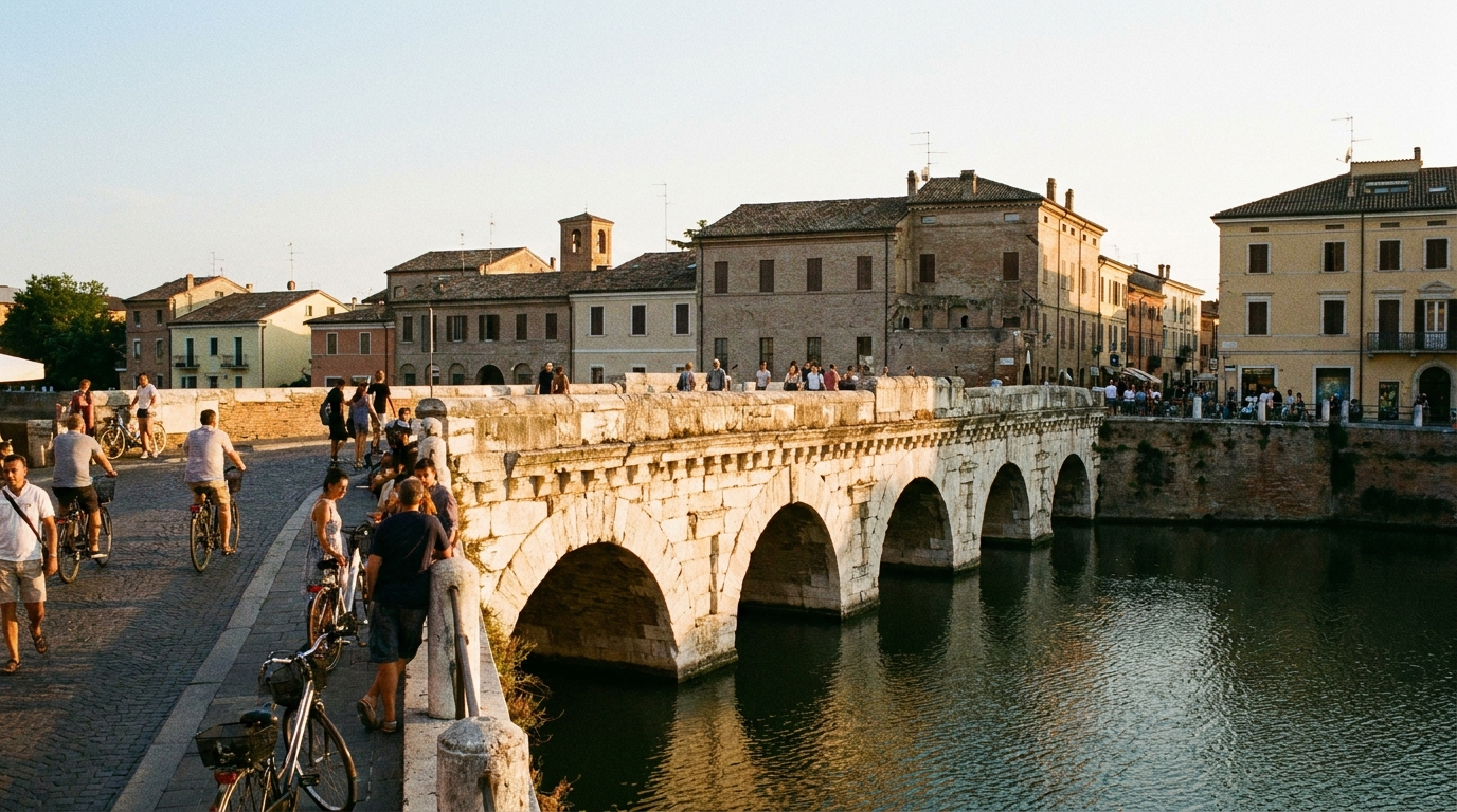 Il Ponte di Tiberio a Rimini al tramonto, con i cinque archi romani sul fiume Marecchia